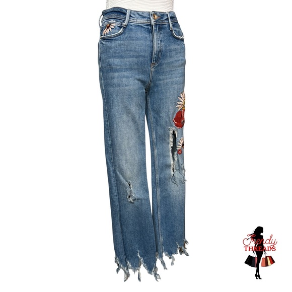 Zara Shredded Embroidered Blue Jeans 00 Distressed Boho High Waisted Cottagecore - Picture 2 of 11
